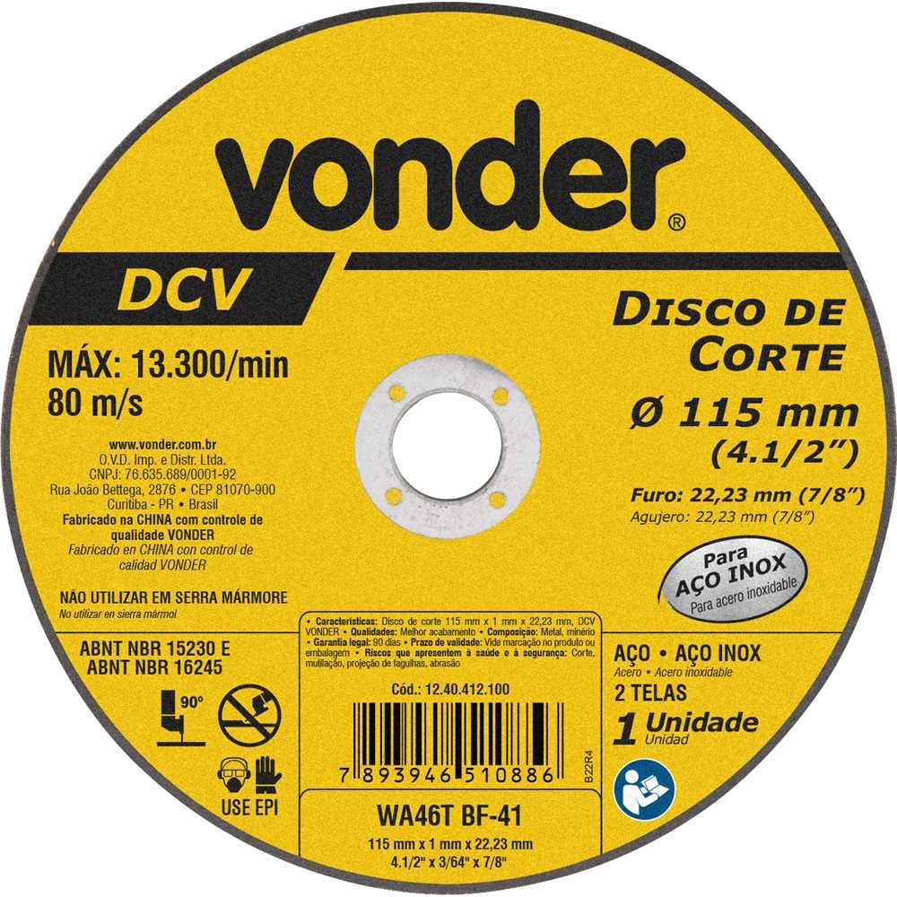 Disco de Corte Fino G 46 4.1/2 Pol. Vonder 1240412100