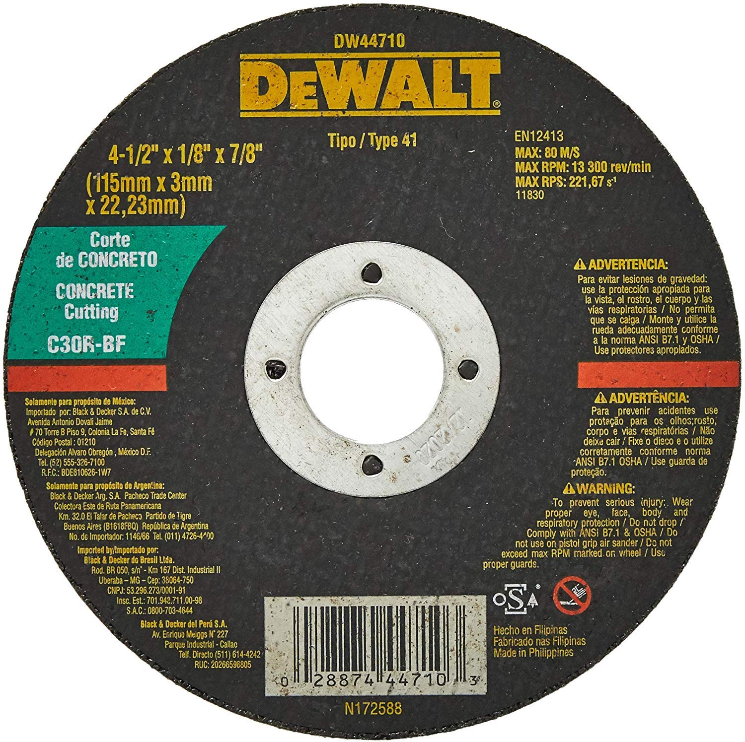 DEWALT Disco de Corte para Concreto de 4 Pol. x 1/2 Pol. x 1/8 Pol. x 7/8 Pol. (102mm x 13mm x 3,18mm x 22mm) DW44710