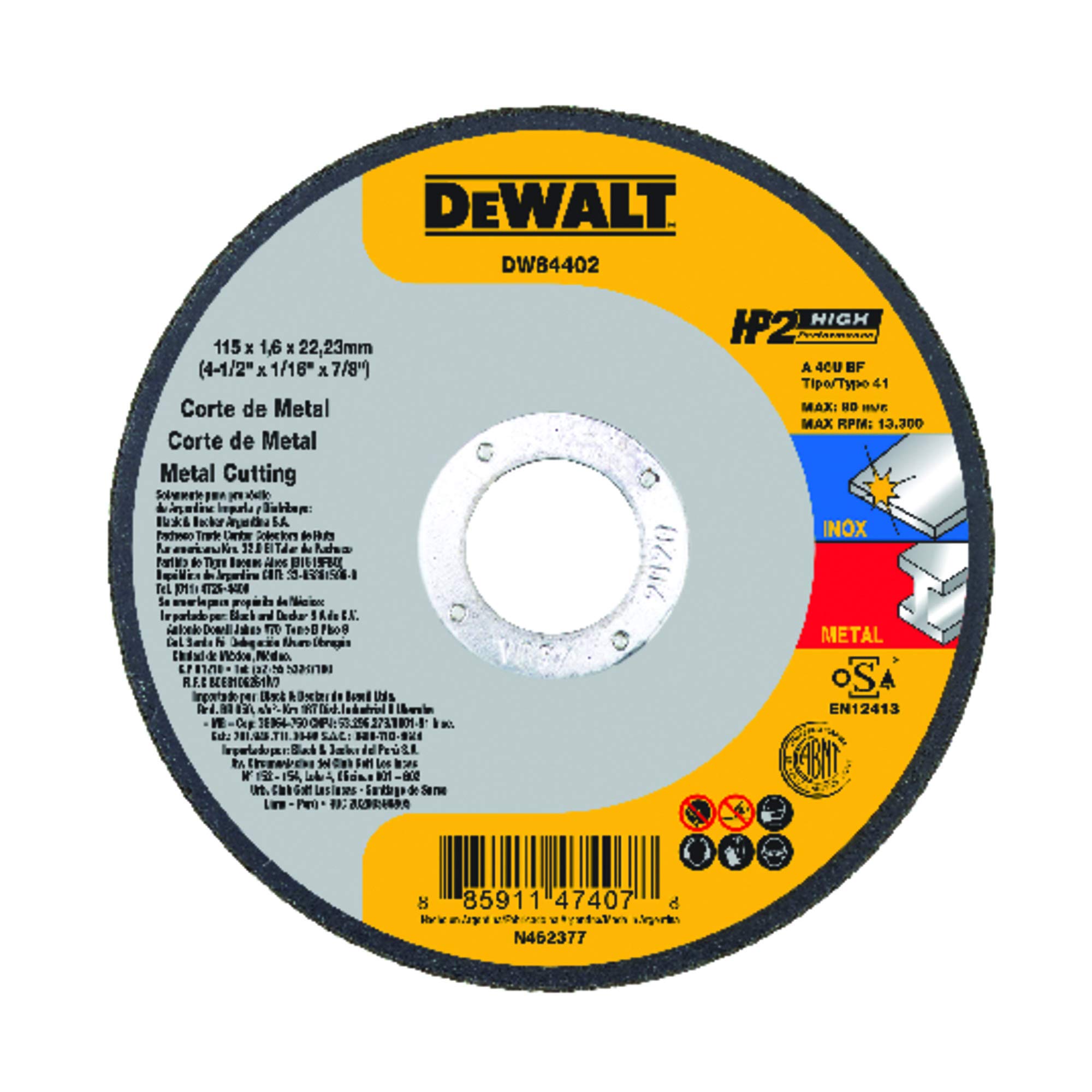 DEWALT Disco de Corte Inox de 4.1/2 Pol. x 1/16 Pol. x 7/8 Pol. (114mm x 1,58mm x 22mm) DW84402