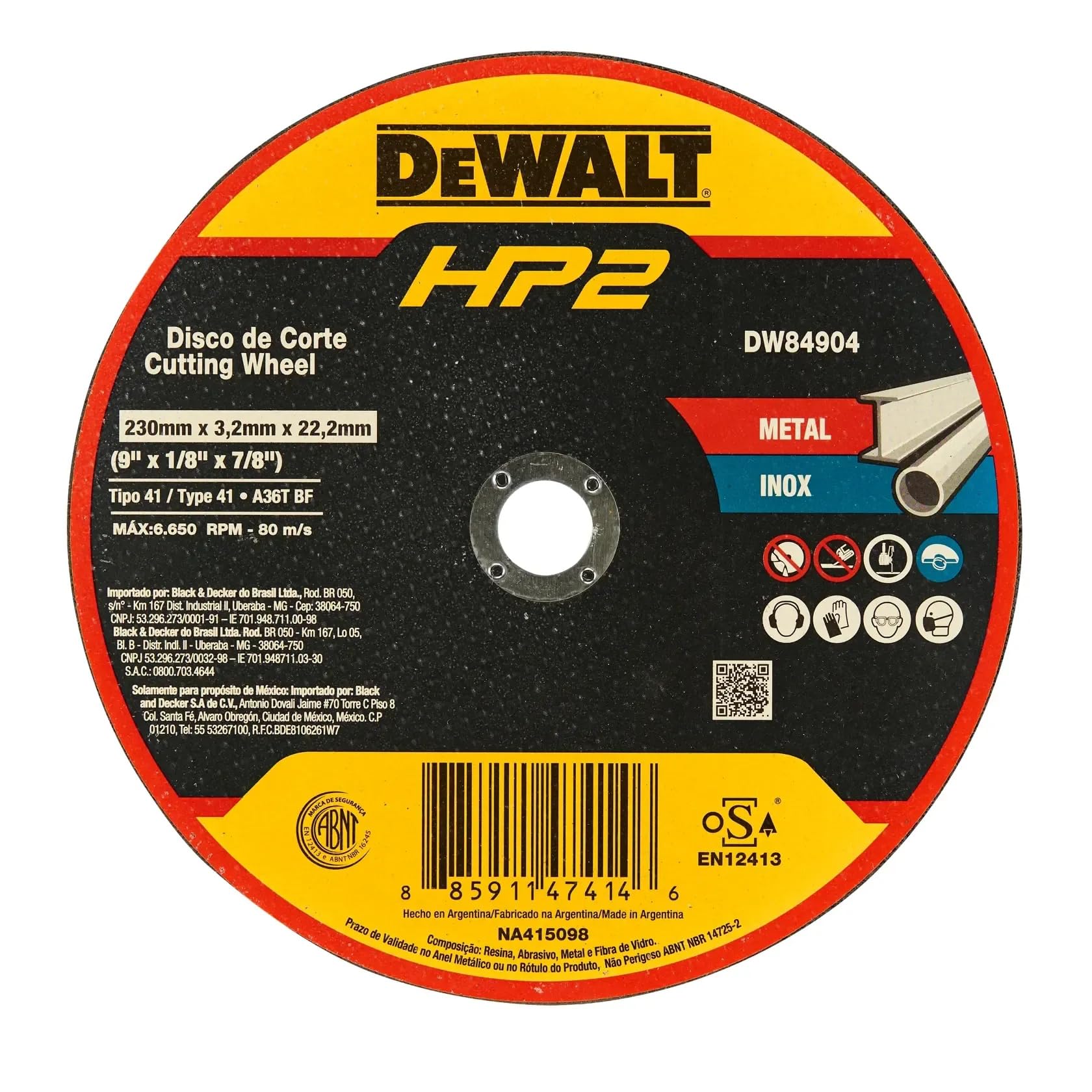 DEWALT Disco de Corte Inox de 9 Pol. x 3,18mm x 7/8 Pol. (228mm x 3,18mm x 22mm) DW84904
