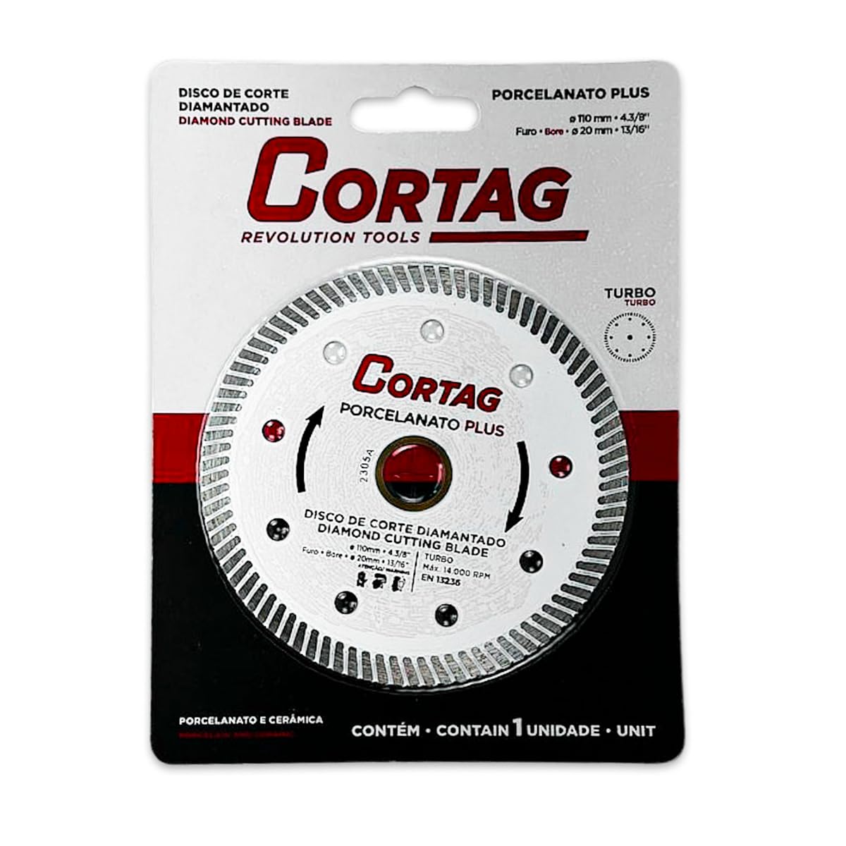 Disco de Corte Diamantado Turbo Plus para Porcelanato/Cerâmica - 110mm Cortag Cor Branco Disco Profissional