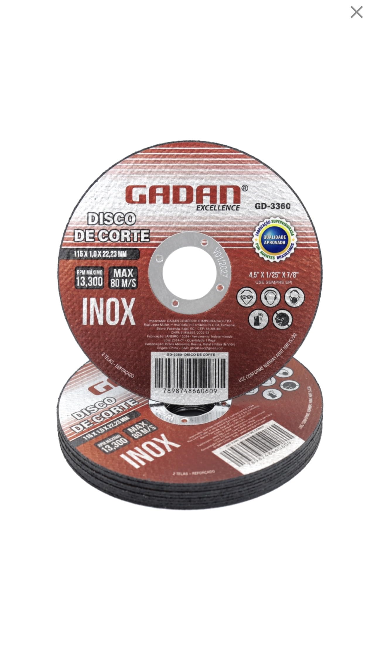 Kit 10 + Disco de Corte Inox + 4.1/2” + 1,0 mm + Gadan