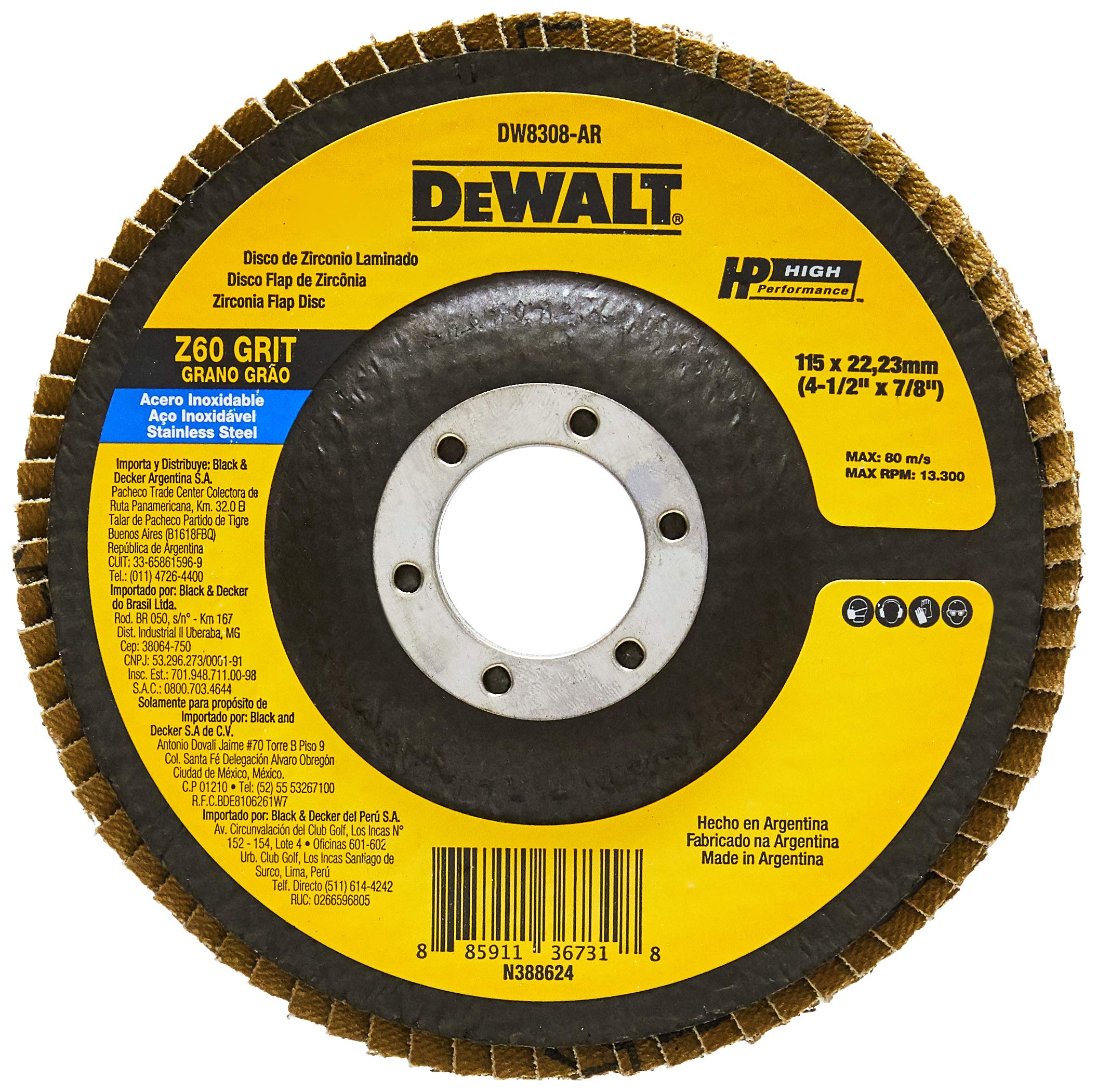 DEWALT Disco Flap Fibra de 4.1/2 Pol. x 7/8 Pol. (114mm x 22mm) Z 60 DW8308AR