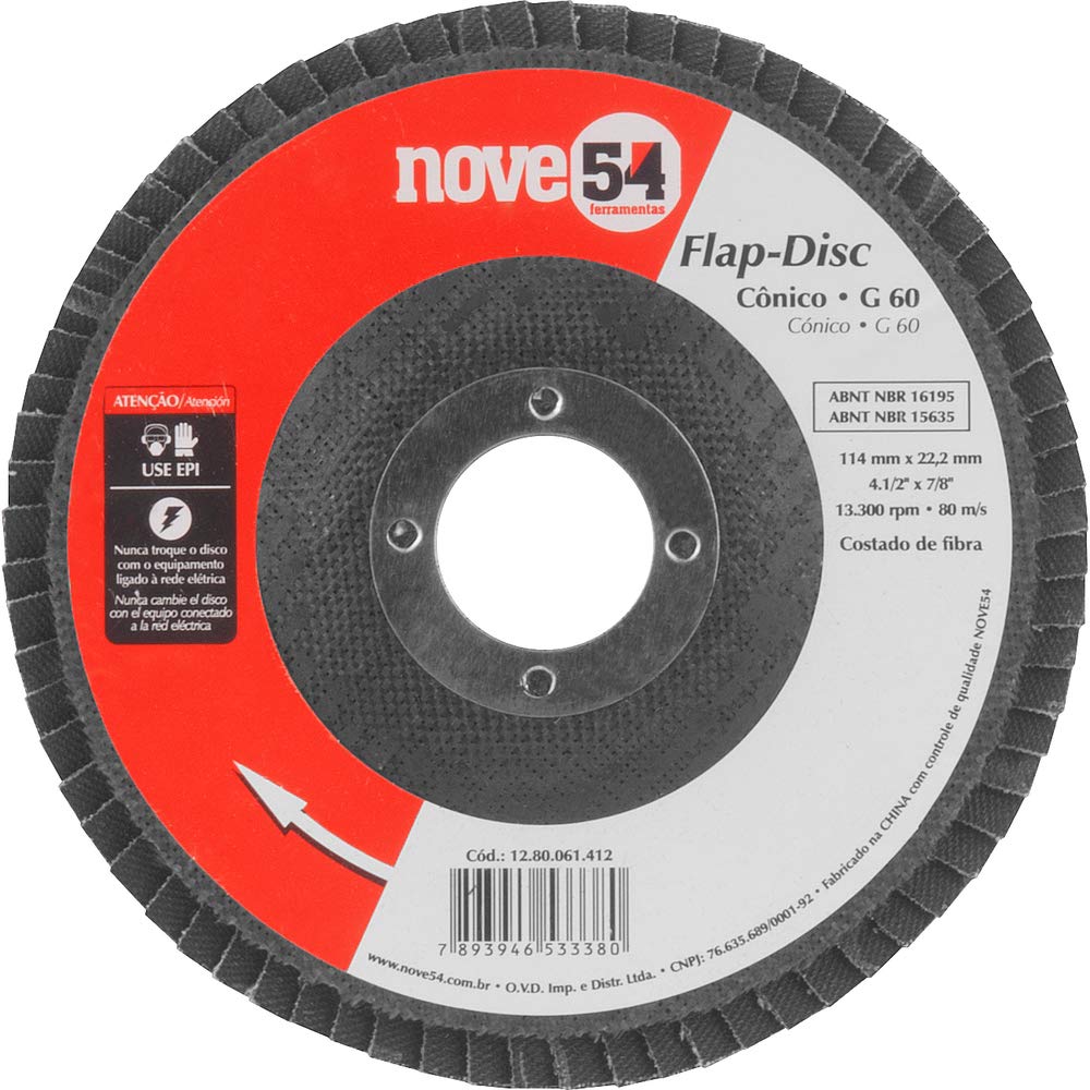 Disco De Desbaste/acabamento, Flap-disc, Cônico, 4.1/2', Grão 60, Costado De Fibra, Nove54 Nove 54
