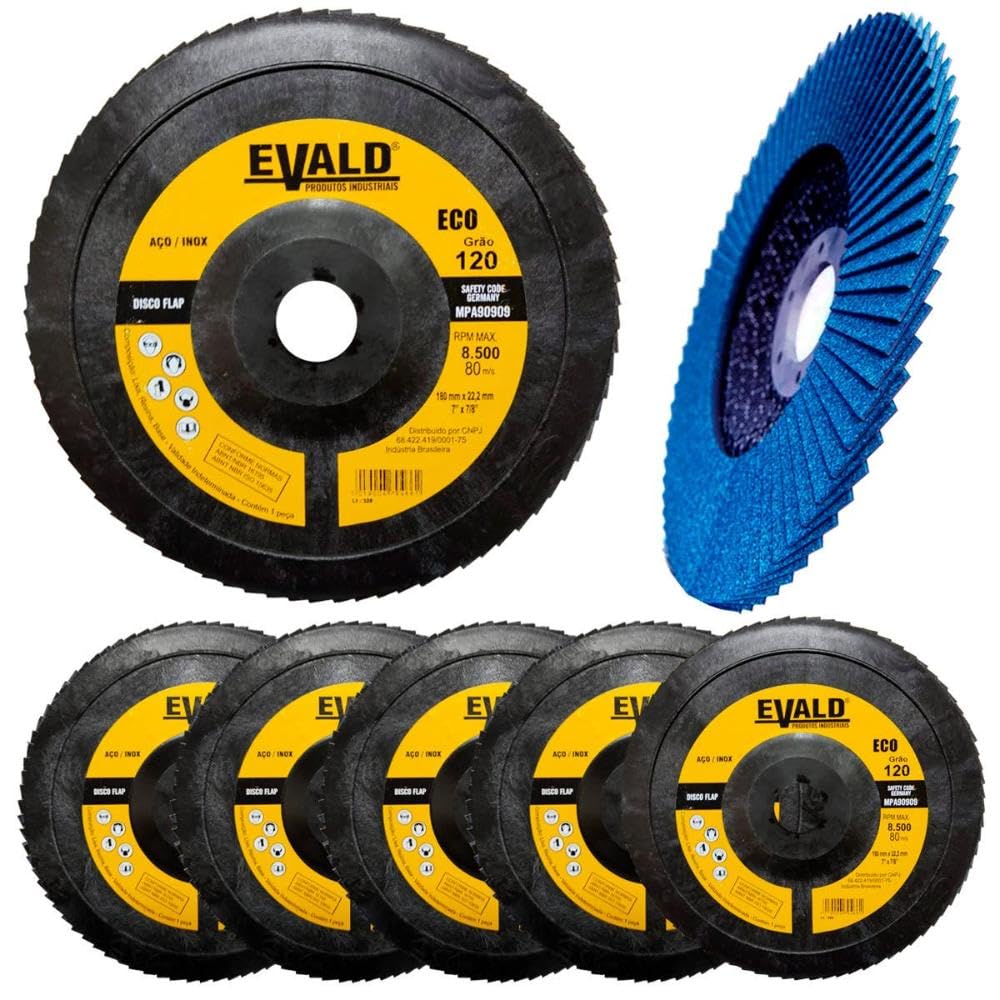 Disco de Lixa Flap Zirconio 7 Pol 180 mm Aço Inox Grão 120 Kit 5 Unidades Evald