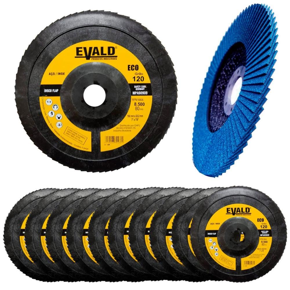 Disco de Lixa Flap Zirconio 7 Pol 180 mm Aço Inox Grão 120 Kit 10 Unidades Evald