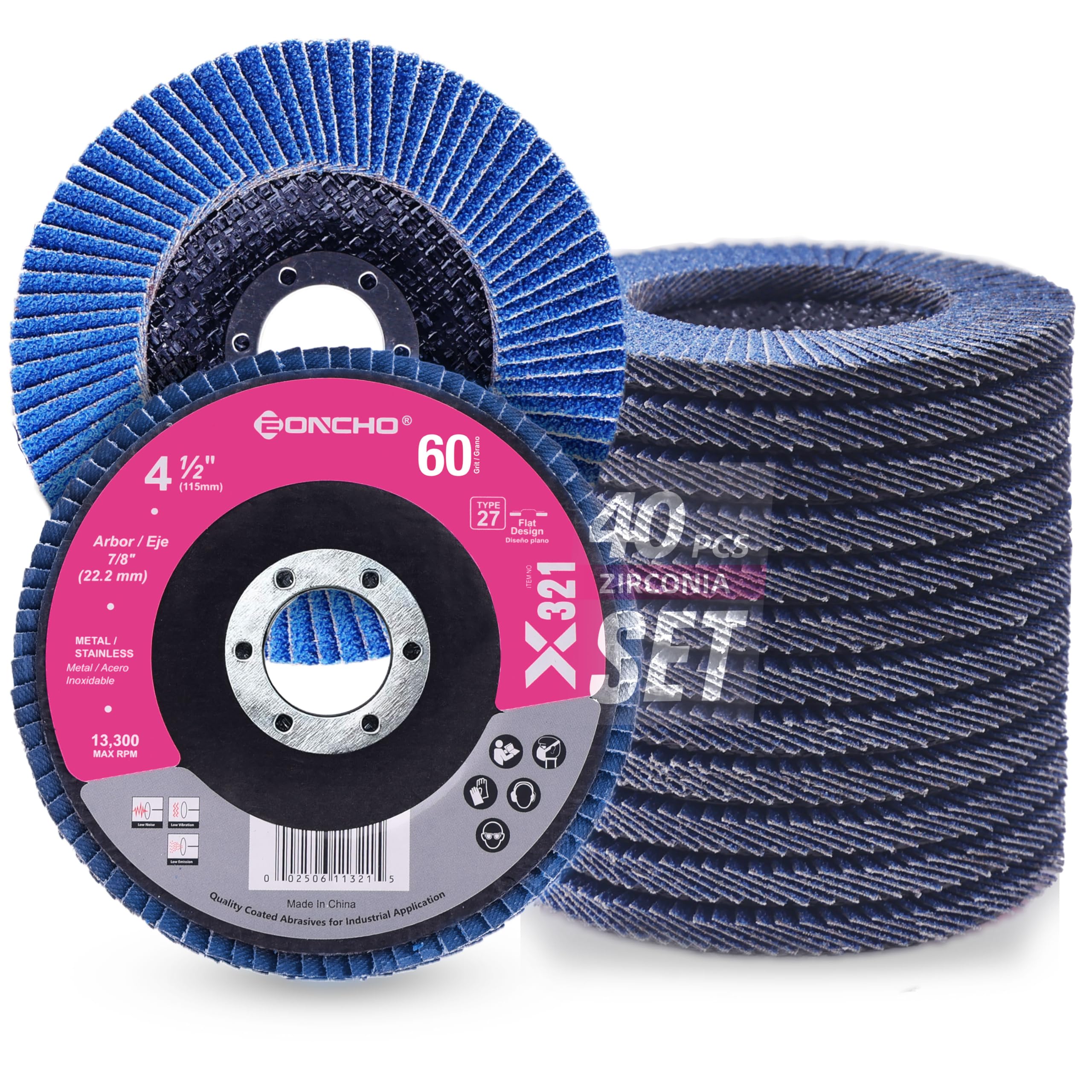 Discos de Lixa Flap de 4 1/2 X 7/8 Polegadas Para Desbaste Angular, Grão 40, Tipo 27, Rebolo de Zircônia Premium Para Aço Inoxidável E Metal (Pacote com 40 Unidades)