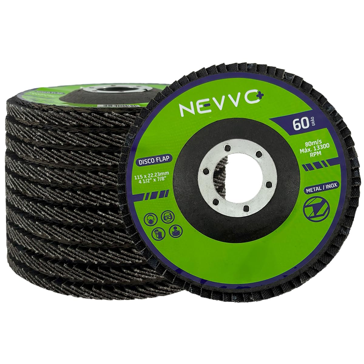 Kit 10 Discos de Lixa Flap 4.1/2 115mm Grão 60 Para Desbaste Acabamento Metal e Inox NEVVO