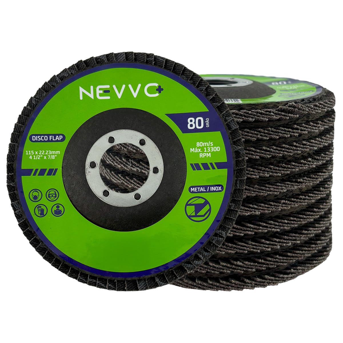 Kit 10 Discos de Lixa Flap 4.1/2 115mm Grão 80 Para Acabamento Fino em Metal e Inox NEVVO