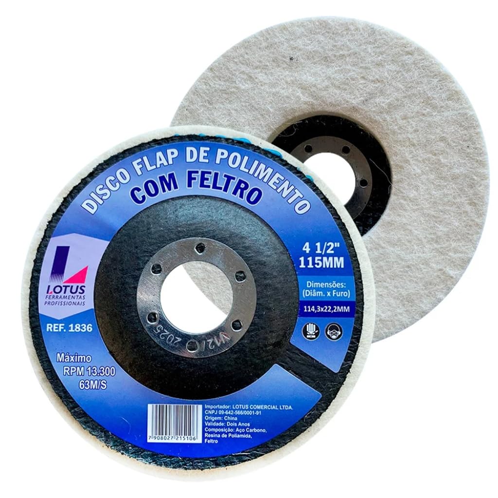 Disco Flap Feltro La Polimento 115mm 4.1/2 Furo 22,2mm Esmerilhadeira Acabamento Espelhado Inox Aco Aluminio Metal Nao Ferroso 13300 RPM Lotus 1836