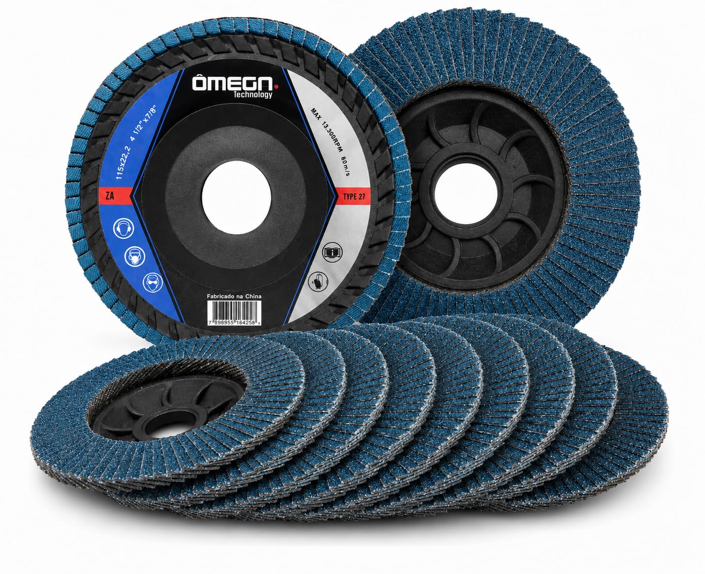 Kit 10 Discos de Lixa Flap Ômega 115 x 22 mm Grão 80 Zircônia | 4.1/2 x 7/8 Pol, Uso em Lixadeira, Grão Médio 80, Abrasivo Zircônia, Kit com 10 Unidades