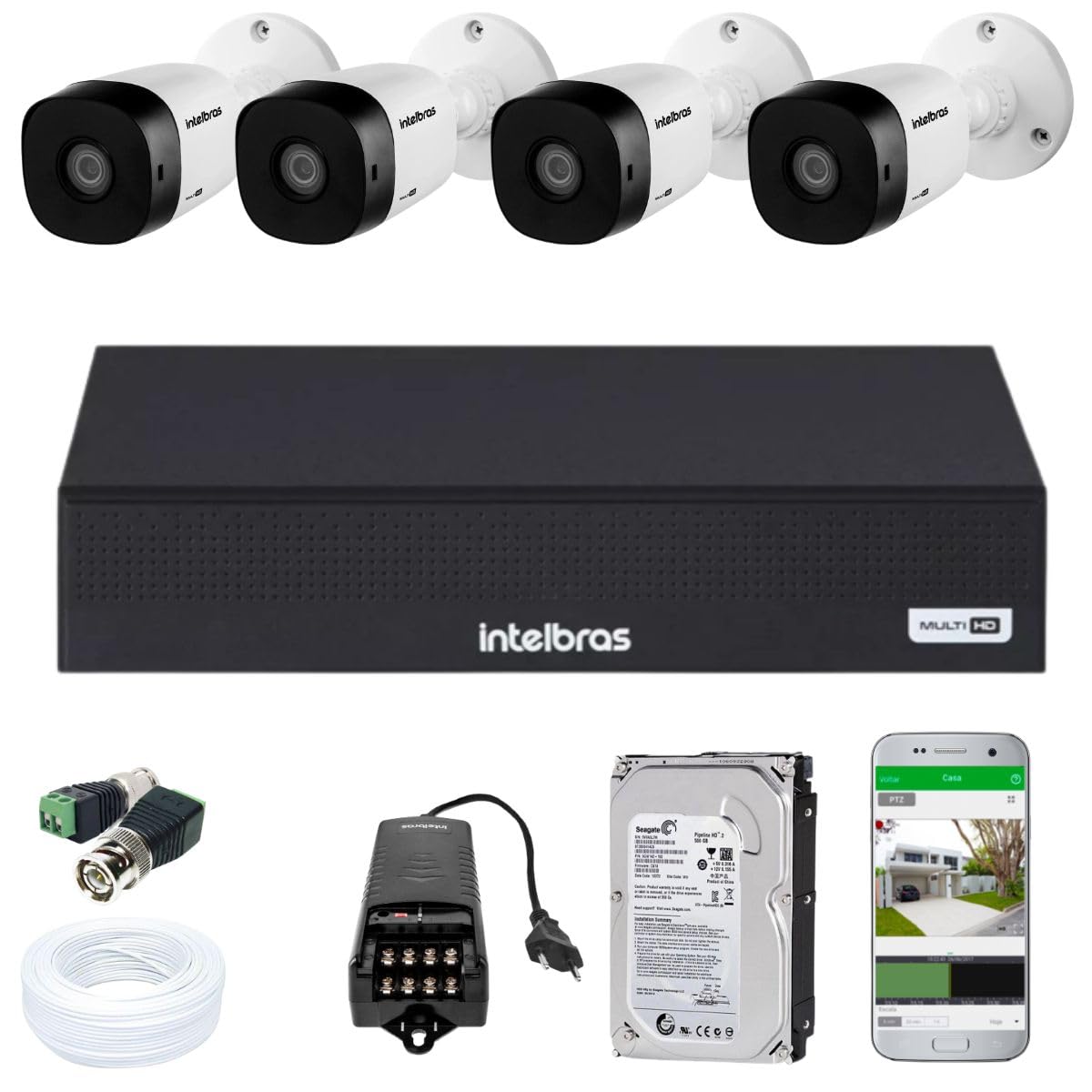 Kit Cftv 4 Câmeras Vigilancia Multi Hd 720p Dvr Intelbras Mhdx 1104 Com Fonte e Cabo