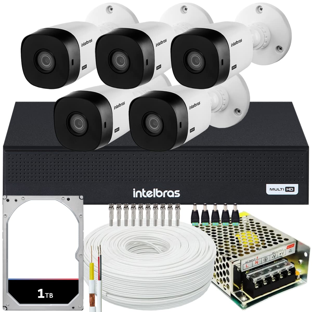 Kit Cftv Intelbras 5 Câmeras vhl 1220 Full HD Mhdx 1008C 1TB
