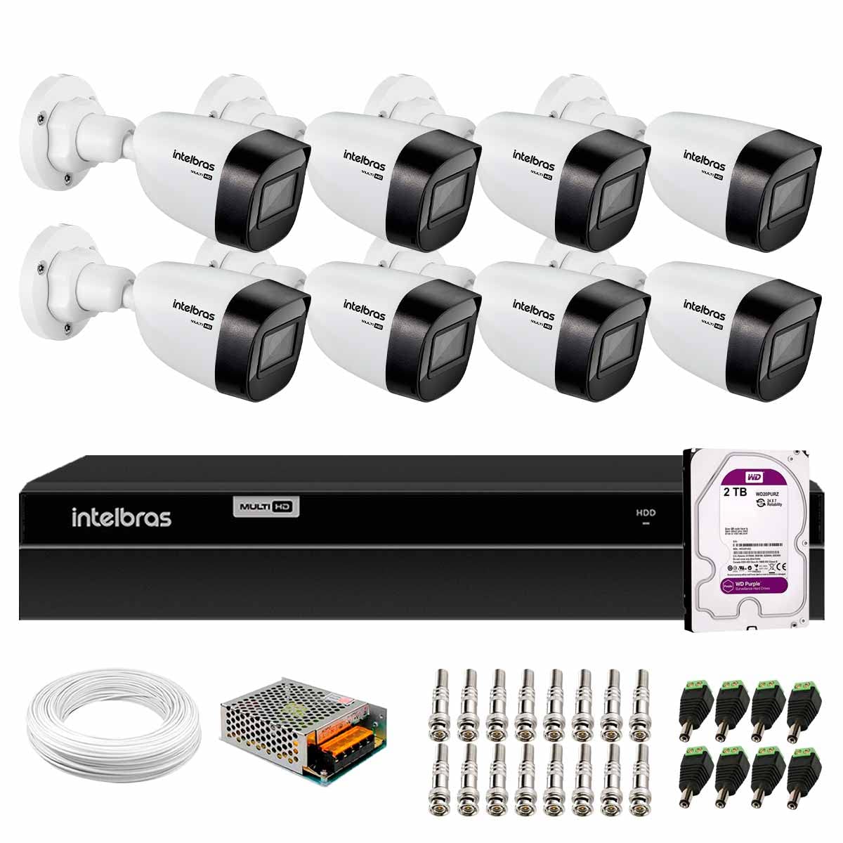 Kit 8 Câmeras Intelbras Vhd 1120 Bullet G6 Hd 720p, Lente 2.8mm, Visão Noturna 20m, Proteção Ip67 + Dvr Intelbras Mhdx 1208 8 Canais Multi Hd + Hd 2tb Purple