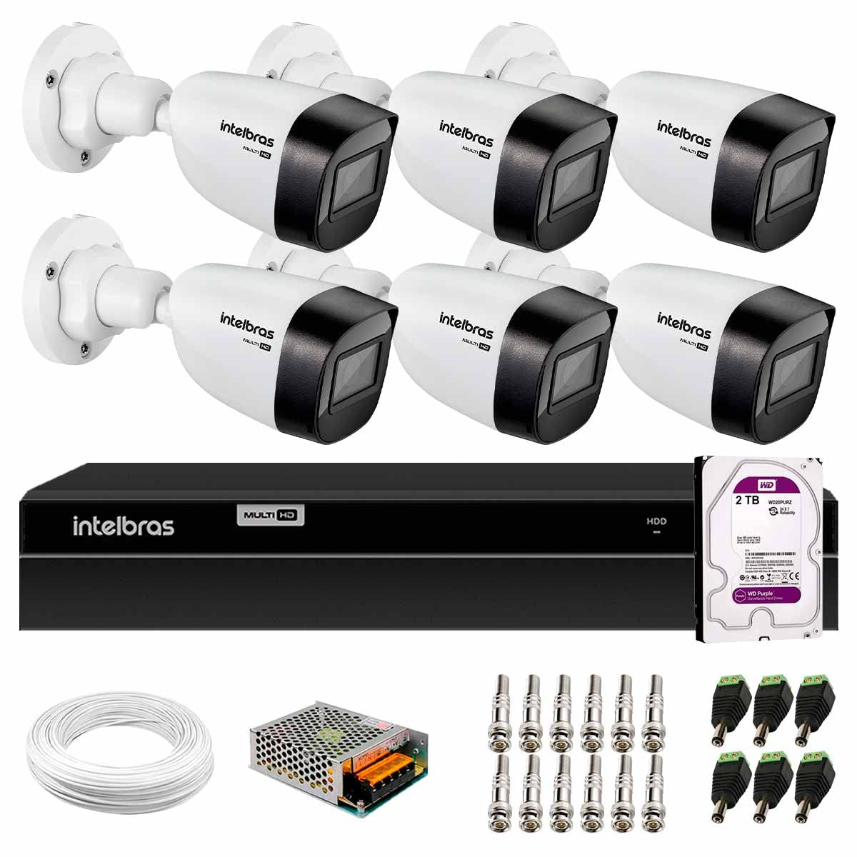 Kit 6 Câmeras Intelbras Vhd 1120 Bullet G6 Hd 720p, Lente 2.8mm, Visão Noturna 20m, Proteção Ip67 + Dvr Intelbras Mhdx 1208 8 Canais Multi Hd + Hd 2tb Purple