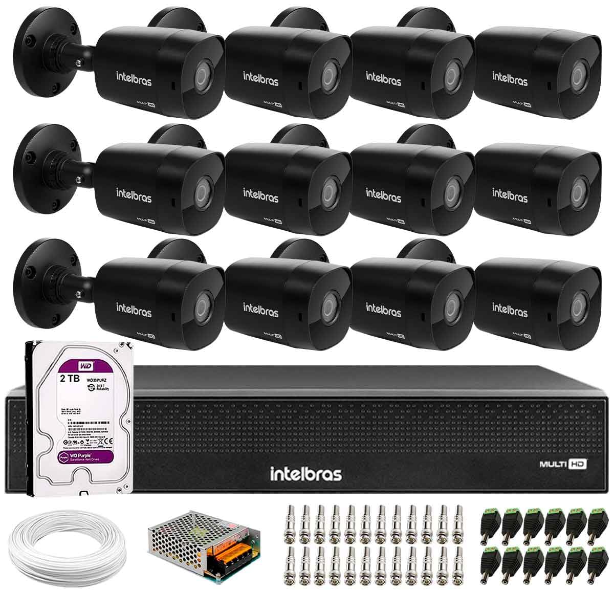 Kit 12 Câmeras Intelbras VHD 1230 B Full HD 1080p Bullet Black G7 Visão Noturna 30m IP67 + Dvr Intelbras MHDX 3116-C 16 Canais + HD 2TB Purple
