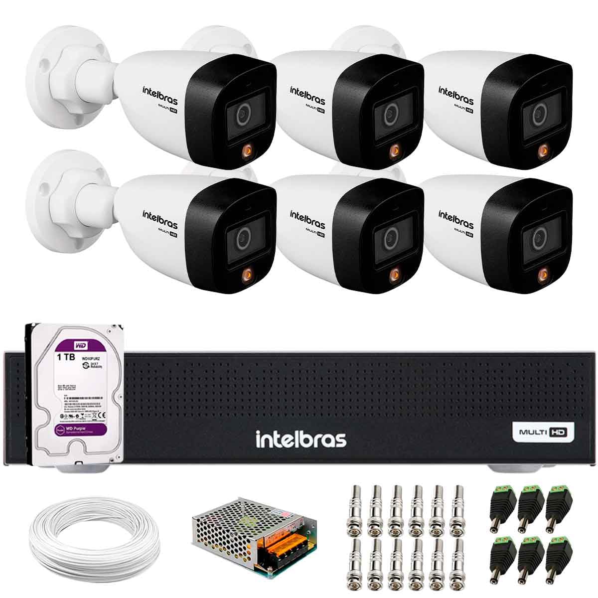 Kit 6 Câmeras Intelbras Vhd 1220 B Full Color Bullet Full Hd 1080p Multi Hd Visão Noturna 20m + Dvr Intelbras Mhdx 3008-c 8 Canais + Hd 1tb Purple