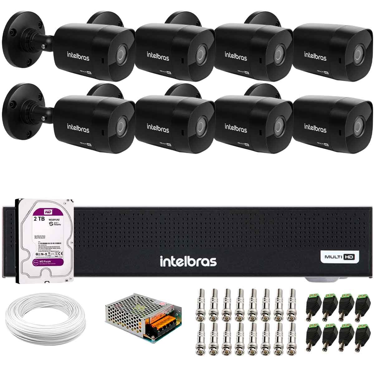 Kit 8 Câmeras Intelbras Vhd 1230 B Full Hd 1080p Bullet Black G7 Visão Noturna 30m Proteção Ip67 + Dvr Intelbras Mhdx 3008-c 8 Canais + Hd 2tb Purple