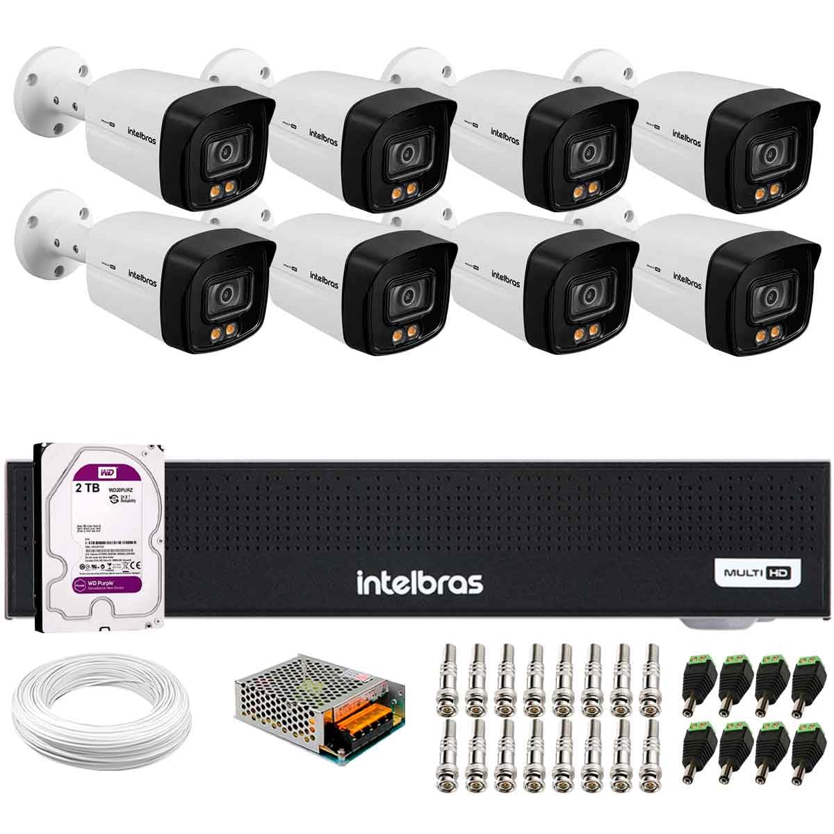 Kit 8 Câmeras Intelbras VHD 3240 B FULL COLOR Bullet FULL HD 1080p IR 40m + DVR Intelbras MHDX 3008-C 8 Canais + HD 2TB Purple