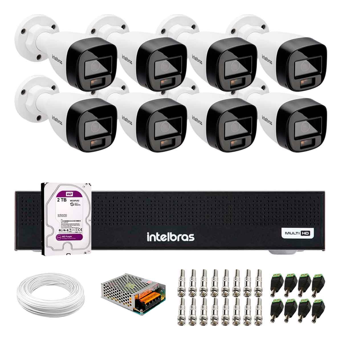 Kit 8 Câmeras Intelbras VHD 1220 B G7 Full Color Bullet Full HD 1080p IR 20m + DVR Intelbras MHDX 3008-C + HD 2TB Purple