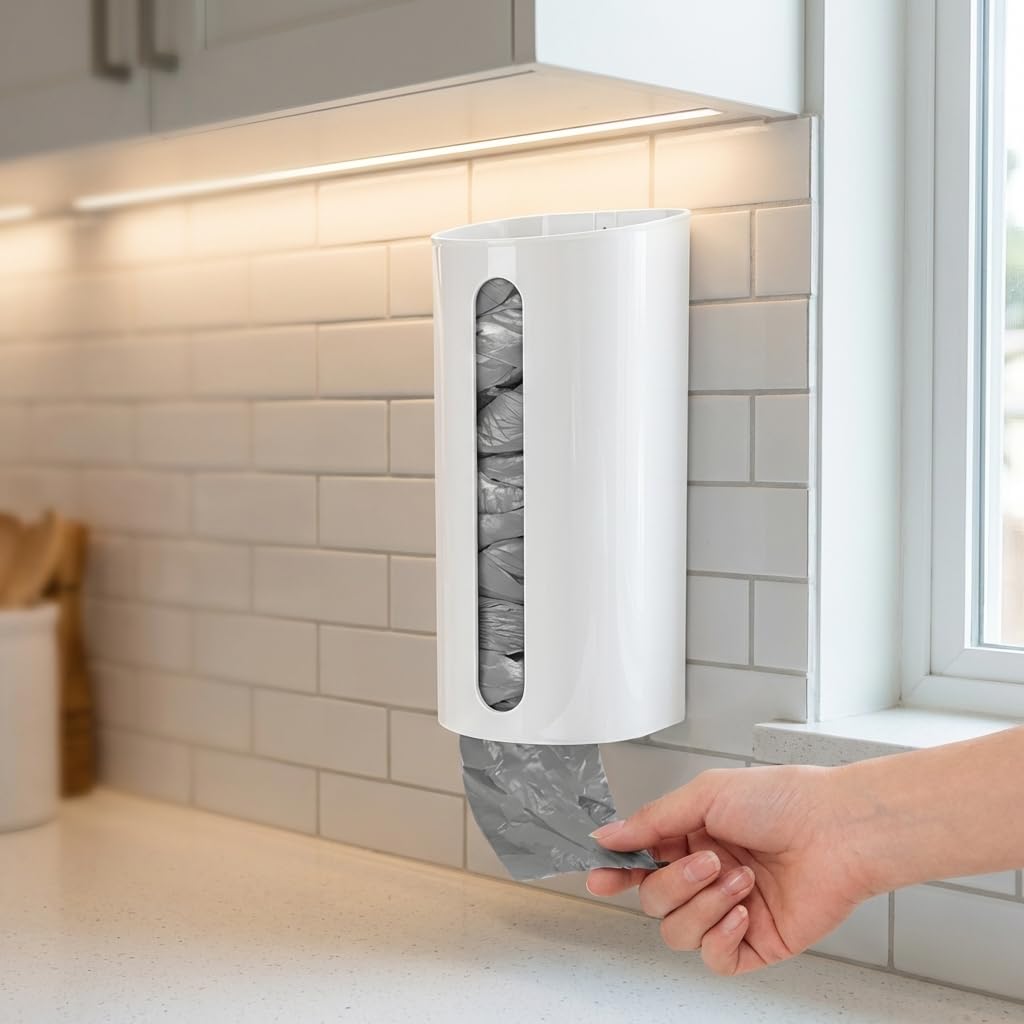 Kit 2 Dispensers Premium Porta Sacola De Parede, Puxa Saco, VARENZIA | Organizador De Sacolinhas, Para Cozinha E Lavanderia, Branco, 2 Unidades
