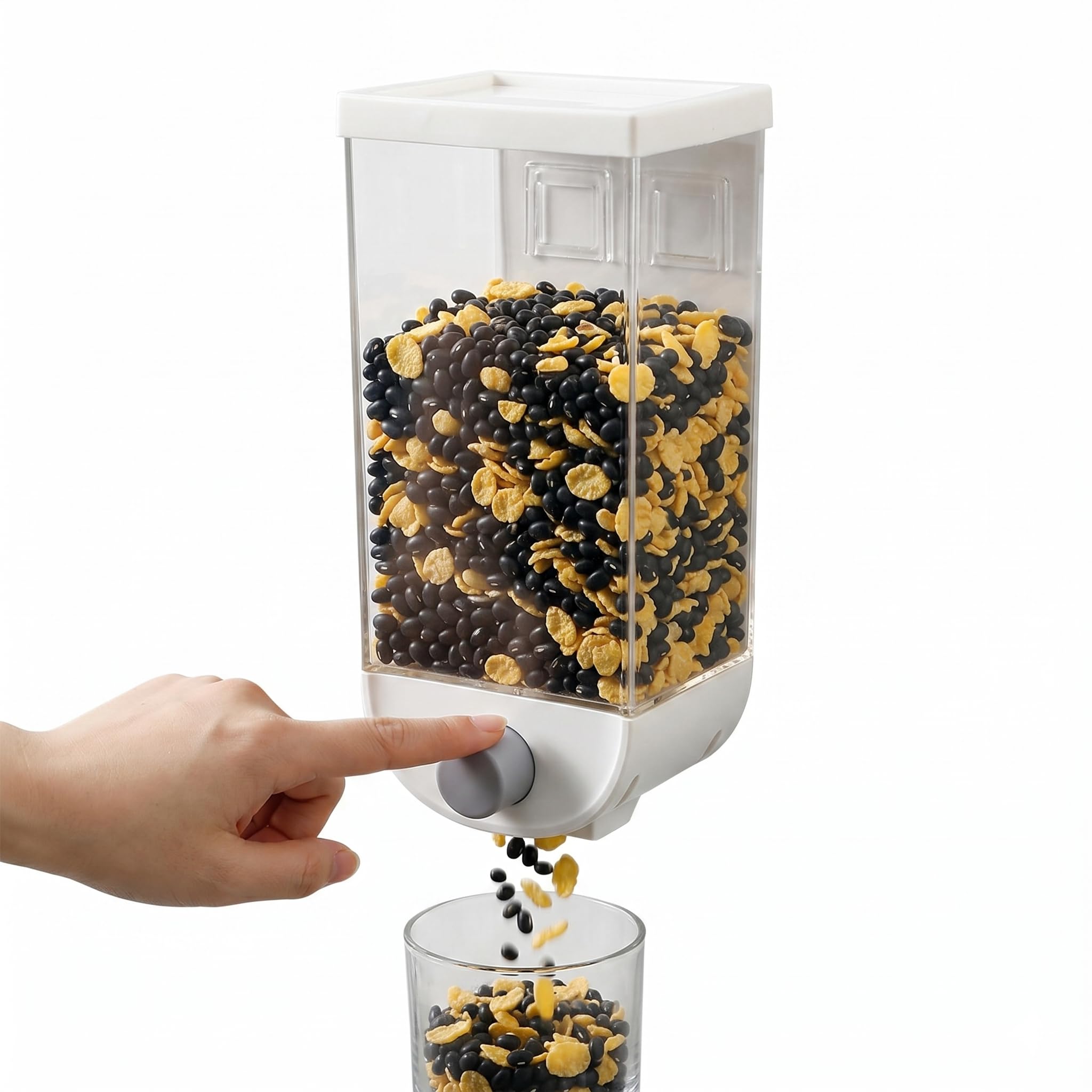 Dispenser de Parede para Cereais e Grãos 1500ml, Porta Mantimentos Suspenso Transparente com Botão Dosador, Organizador Prático para Cozinha, Livra Espaço na Bancada (Branco).
