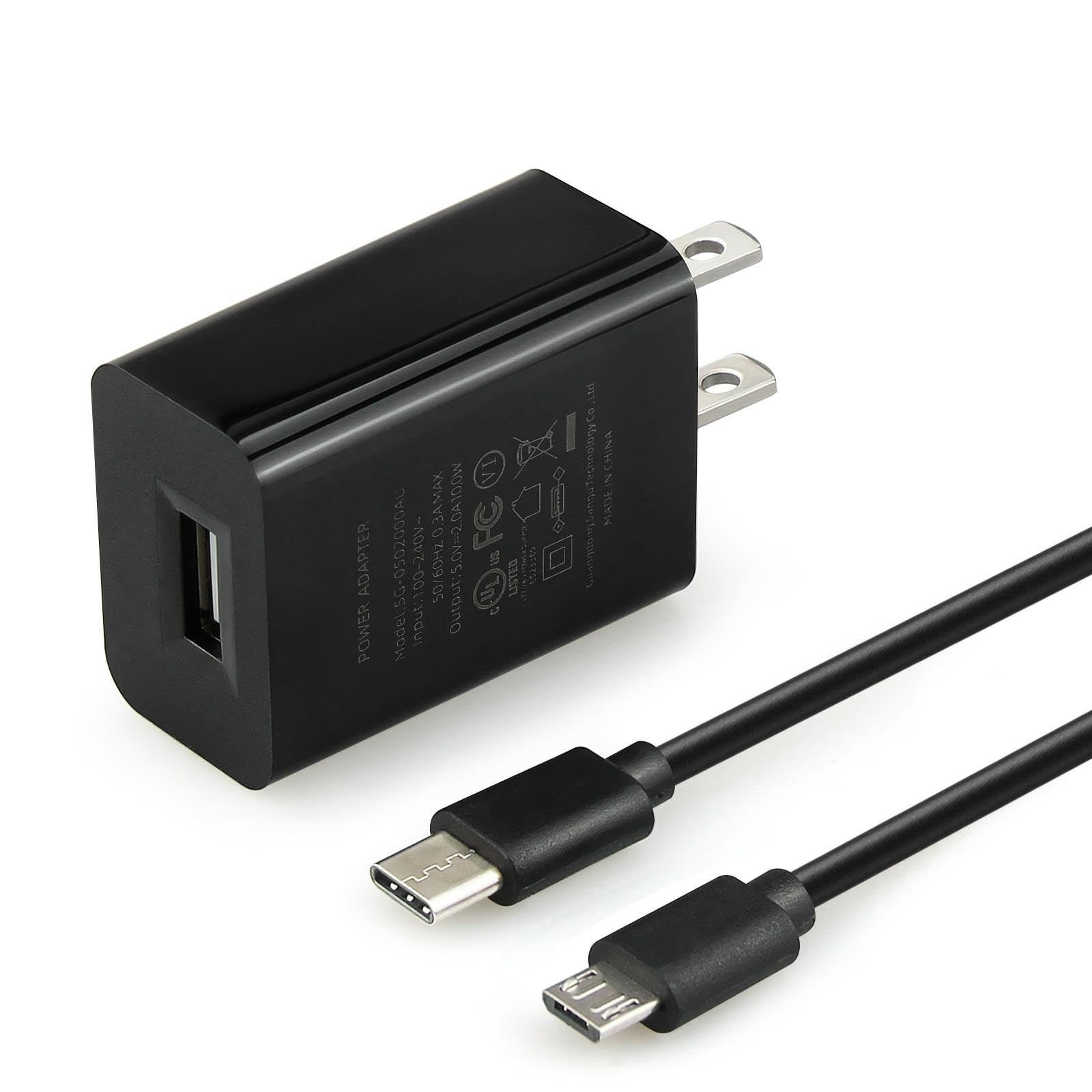 Cabo de alimentação para Chromecast Ultra, Chromecast Google TV e Fire TV Stick 4K | Para dispositivos de streaming Roku - Adaptador de carregador 5V 2A certificado UL com cabos micro-USB e USB-C de 1,8 m