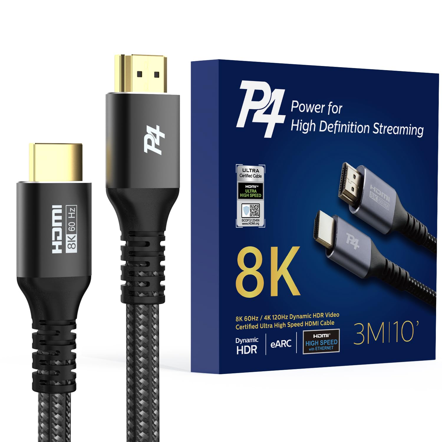 P4 Immerse Yourself in 8K Brilliance! 10FT Certified HDMI Cable 2.1 - Ultra High Speed, Braided, 8K@60Hz, 4K@120Hz, eARC, HDR10+, Atmos - Perfect for Apple TV, Roku, Netflix, PS5, and More!
