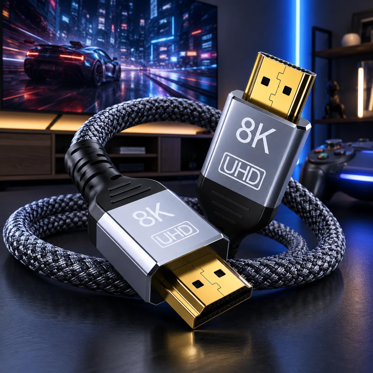 Cabo HDMI 2.1 8K Ultra HD 48Gbps 2 Metros – Compatível com PS5, Xbox Series X, Apple TV e TV 4K – HDR10, Dolby Vision, VRR, ALLM, 120Hz – Cabo Reforçado Trançado de Alta Velocidade