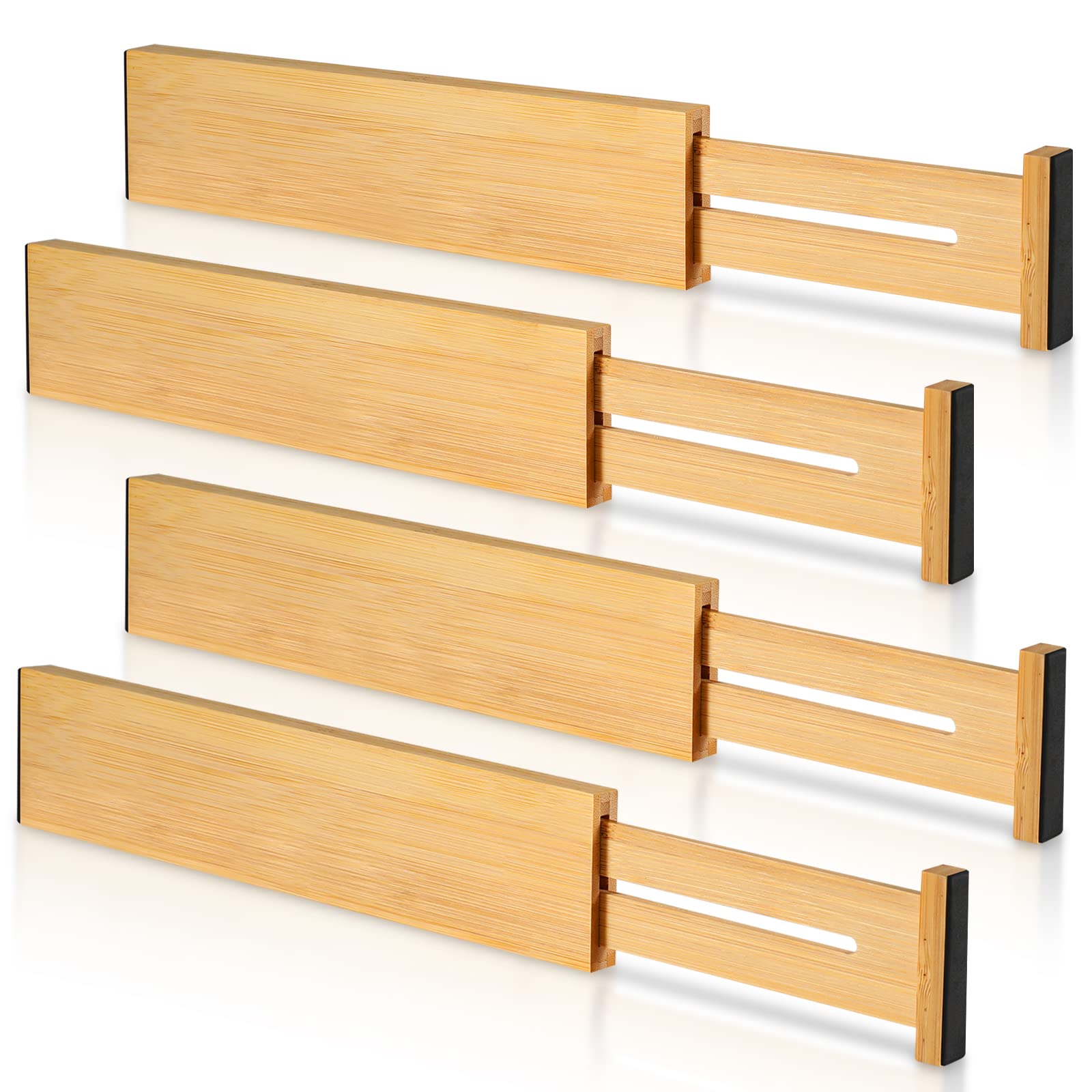 Pacote com 4 divisórias de gaveta de bambu de 6,6 cm de altura, ajustáveis de 30 a 43 cm | Separadores organizadores expansíveis de gaveta de cozinha para roupas, cozinha, quarto, cômoda, escritório (bege)