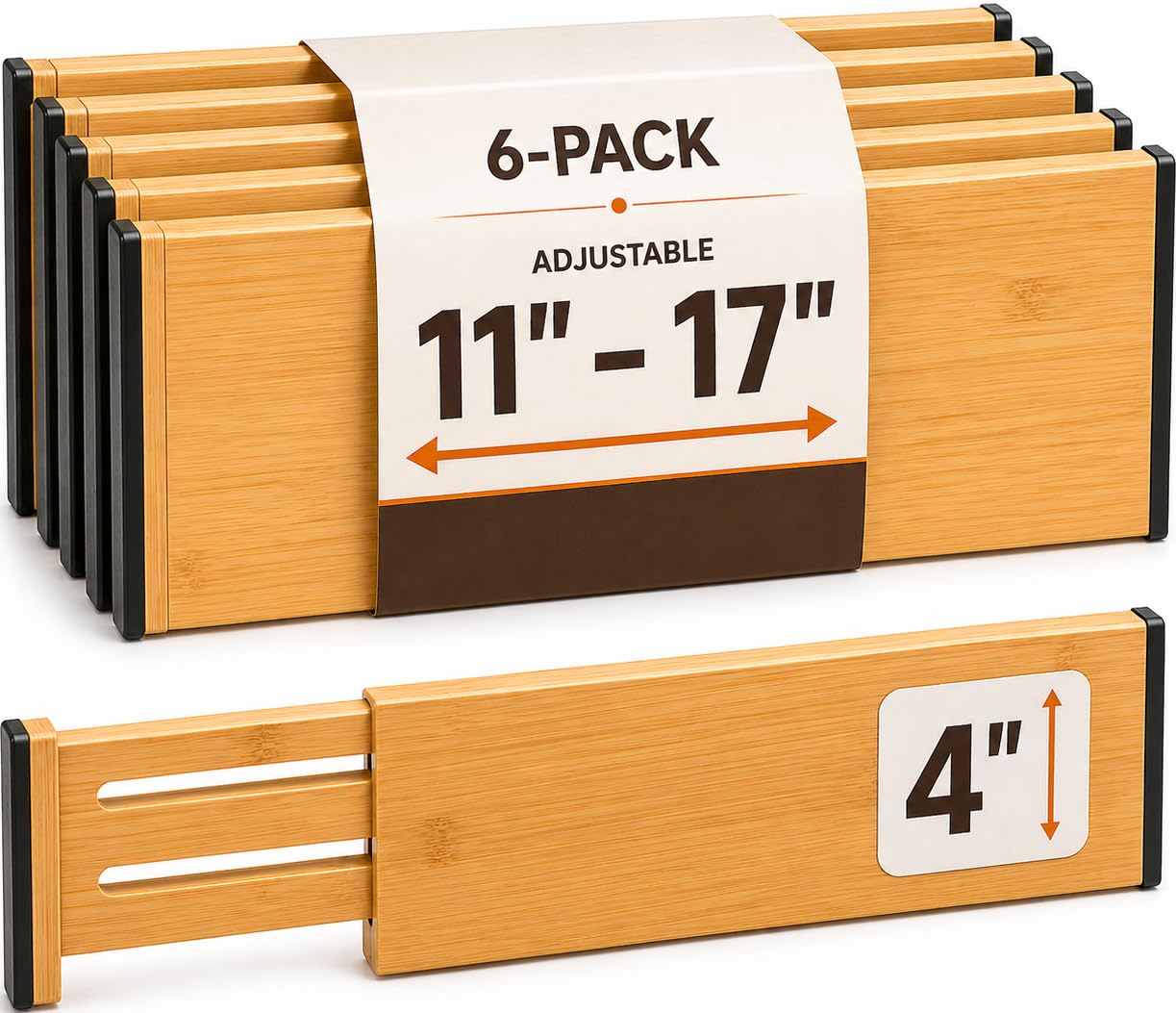 Pacote com 6 divisórias de gaveta de 10 cm de altura, organizadores de bambu ajustáveis de 28 a 43 cm, separadores de gaveta grandes expansíveis para panos, cômoda, quarto, banheiro, gaveta de bebê,