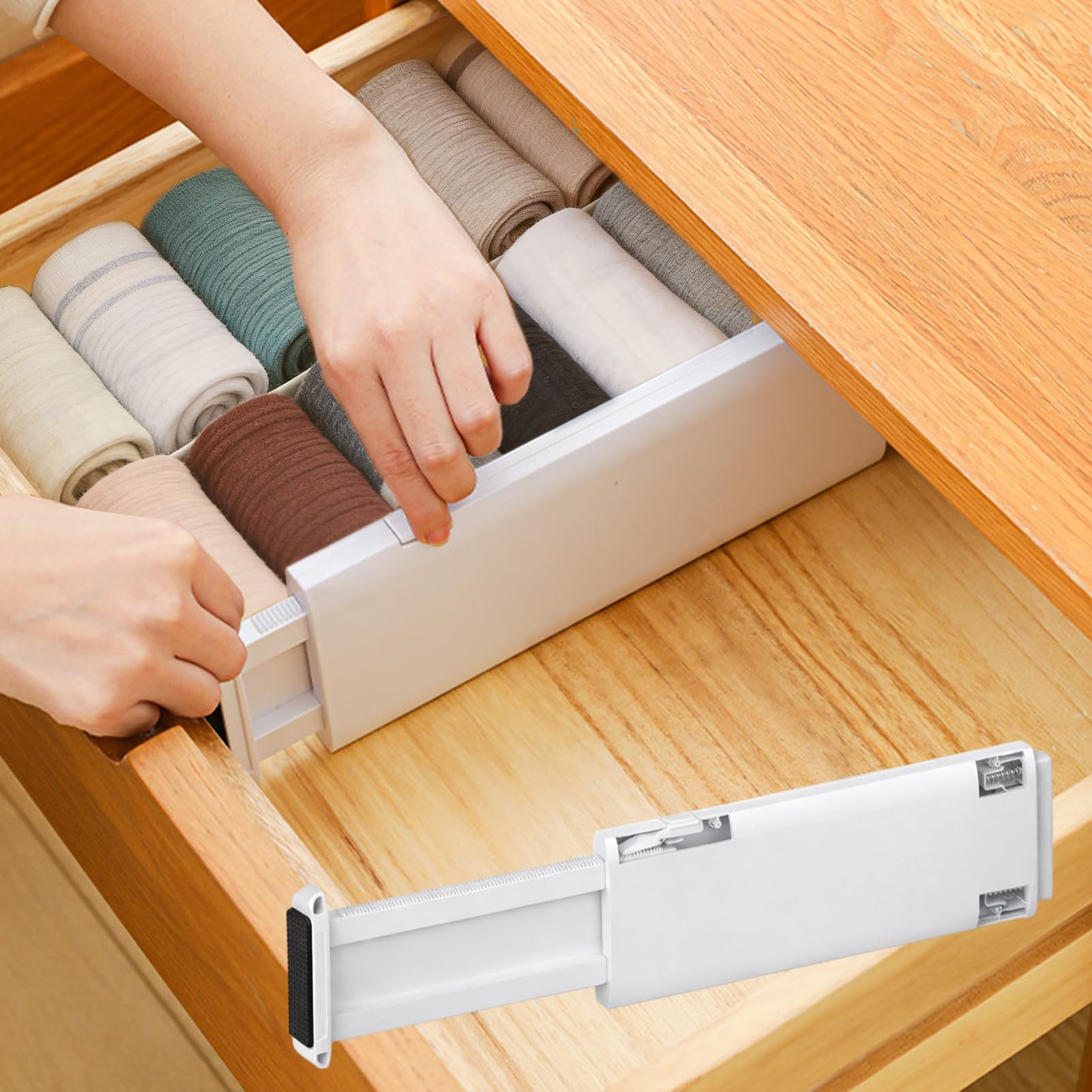 Divisores de gaveta para roupas, ajustáveis de 10 cm de altura, expansível de 28 a 43 cm, organizador de gaveta de cômoda, separadores de gaveta de plástico para cômoda, cozinha e armazenamento de
