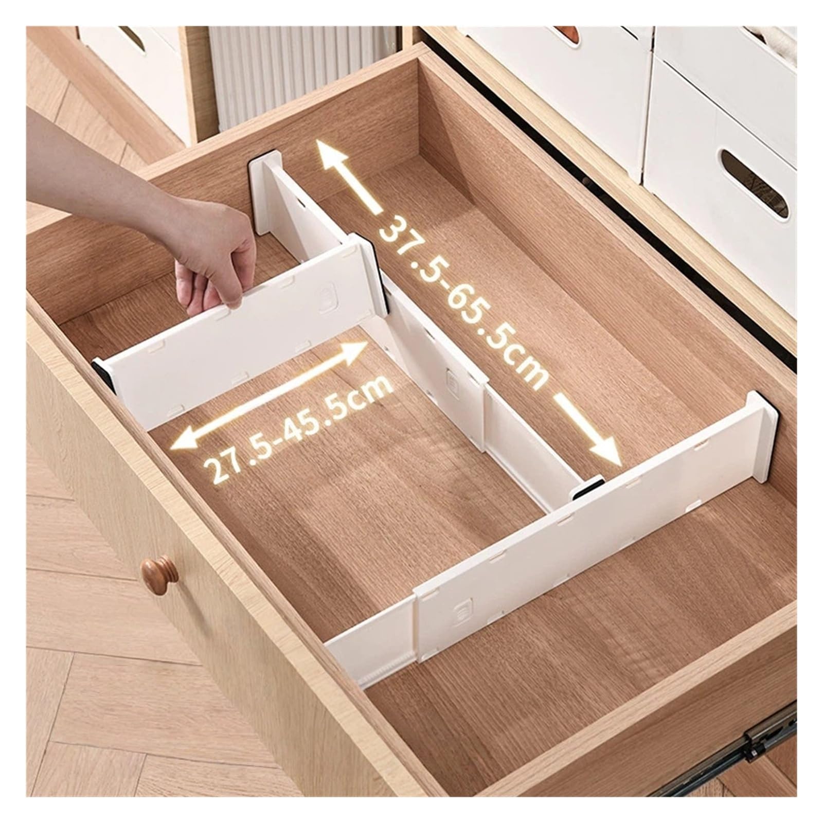 Divisores de gaveta de 3,38 cm de altura, 39,6 a 65,5 cm, organizador de gaveta expansível ajustável, separadores de gavetas de plástico para cômoda, roupa íntima, cozinha e armazenamento de