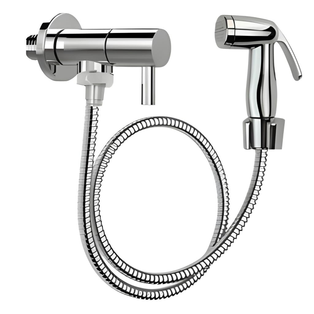 Kit Ducha Higiênica Completa Luxo, Registro Saída Dupla, Mangueira 1,20m, Acabamento Escovado Prata, Montagem Parede