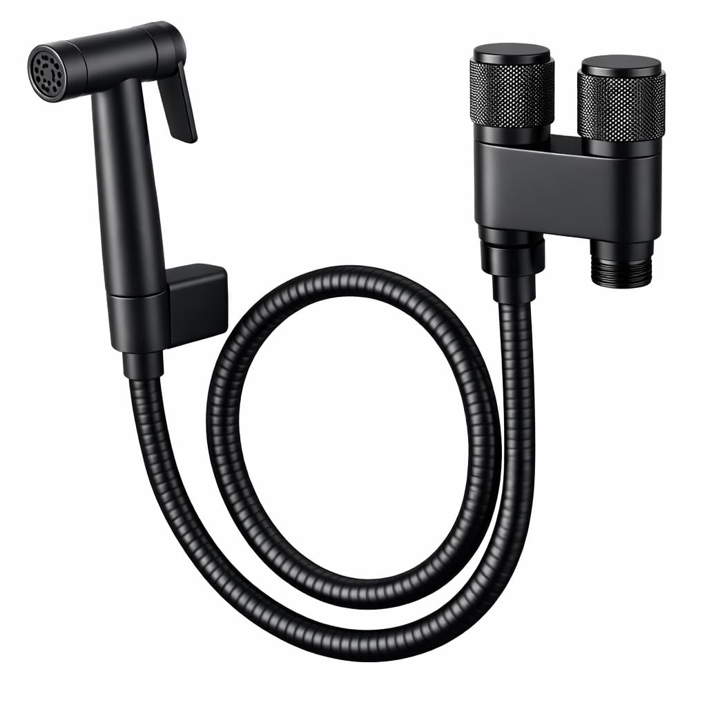 Ducha Higiênica Luxo com Válvula de Controle Dupla 1 Entrada 2 Saídas em Aço Inox, Mangueira 1,5m – Ideal para Banheiro e Lavanderia Preto Luxo