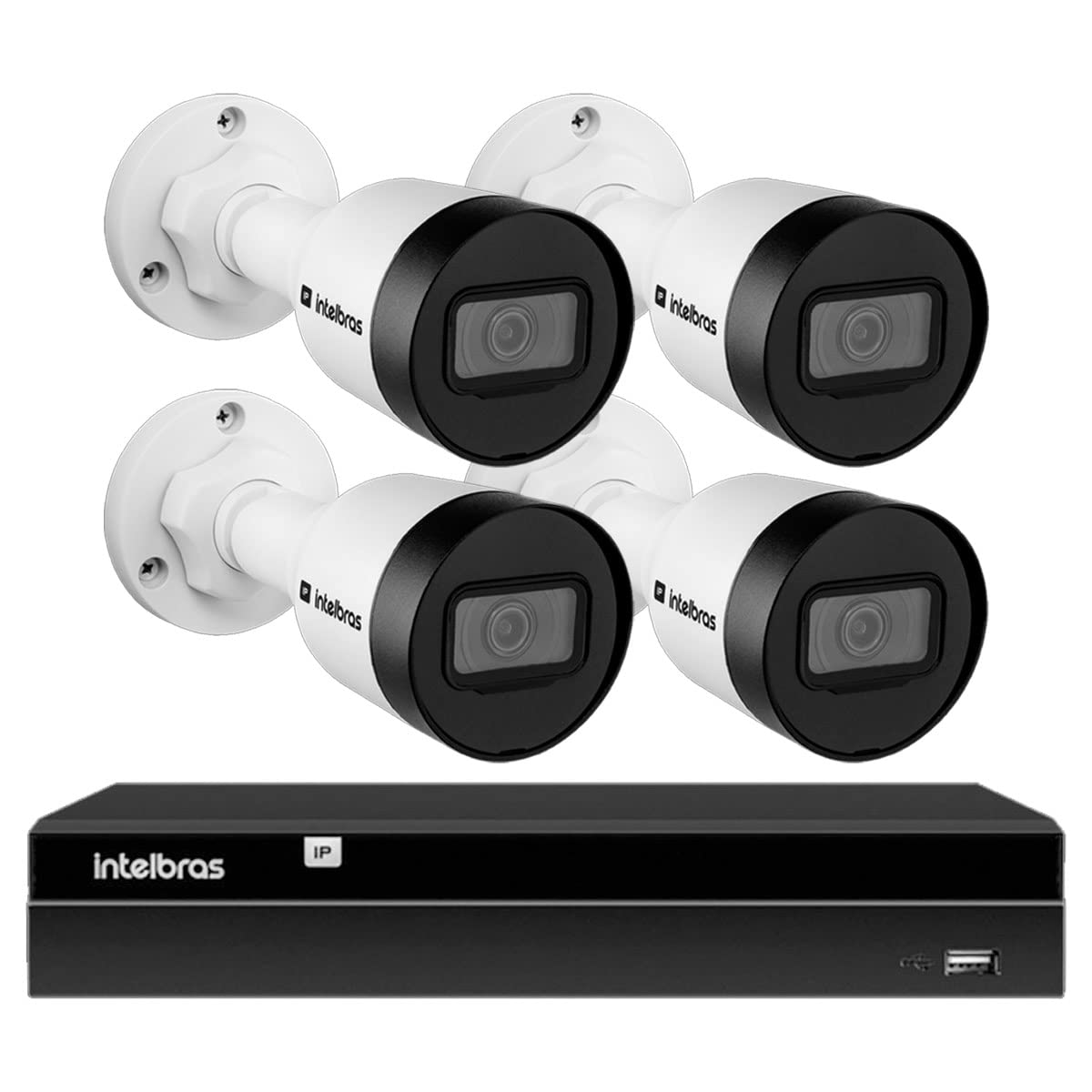 Kit 4 Câmeras Intelbras HD 720p VIP 1130 B com Lente 3,6mm Bullet Compatível Com A Tecnologia PoE, Resistente à Chuva IP67 + Gravador Digital de Vídeo NVR NVD 1404-4 Canais
