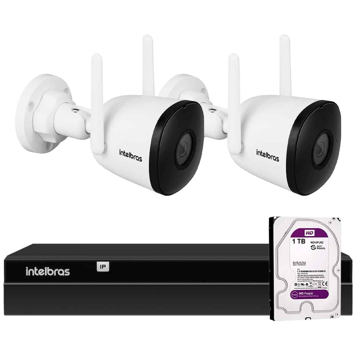 Kit 2 Câmeras WiFi Visão Noturna 30m Intelbras iM5 SC Full HD 1080p com Microfone + NVR Gravador 1404 4 Canais + HD 1TB Purple