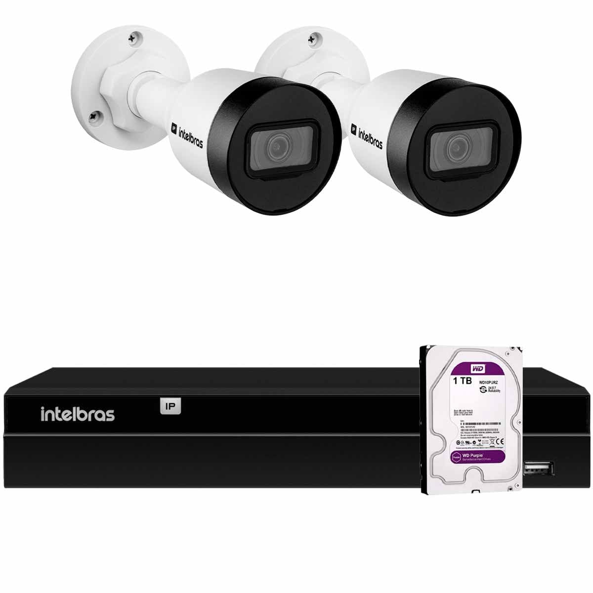 Kit 2 Câmeras de Segurança Bullet Intelbras Full HD 1080p VIP 1230 B G4 + Gravador Digital de Vídeo NVR NVD 1404-4 Canais (1TB)