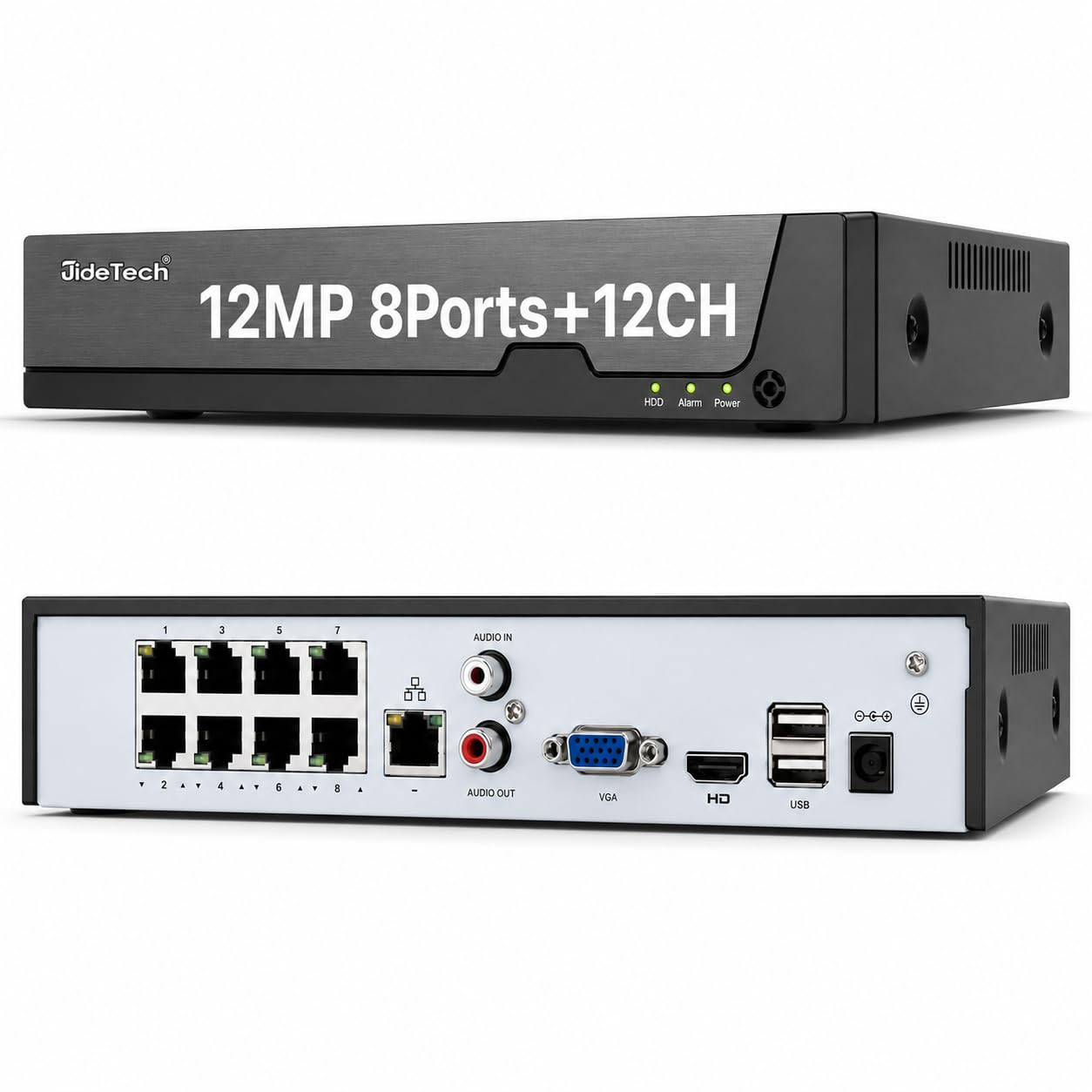 JideTech Gravador de vídeo em rede 4K PoE NVR de 8 portas, expansível até 20 canais, sistema de câmera de segurança H.265+ para câmeras IP de 12 MP/8 MP, visualização remota, gravação 24 horas por dia