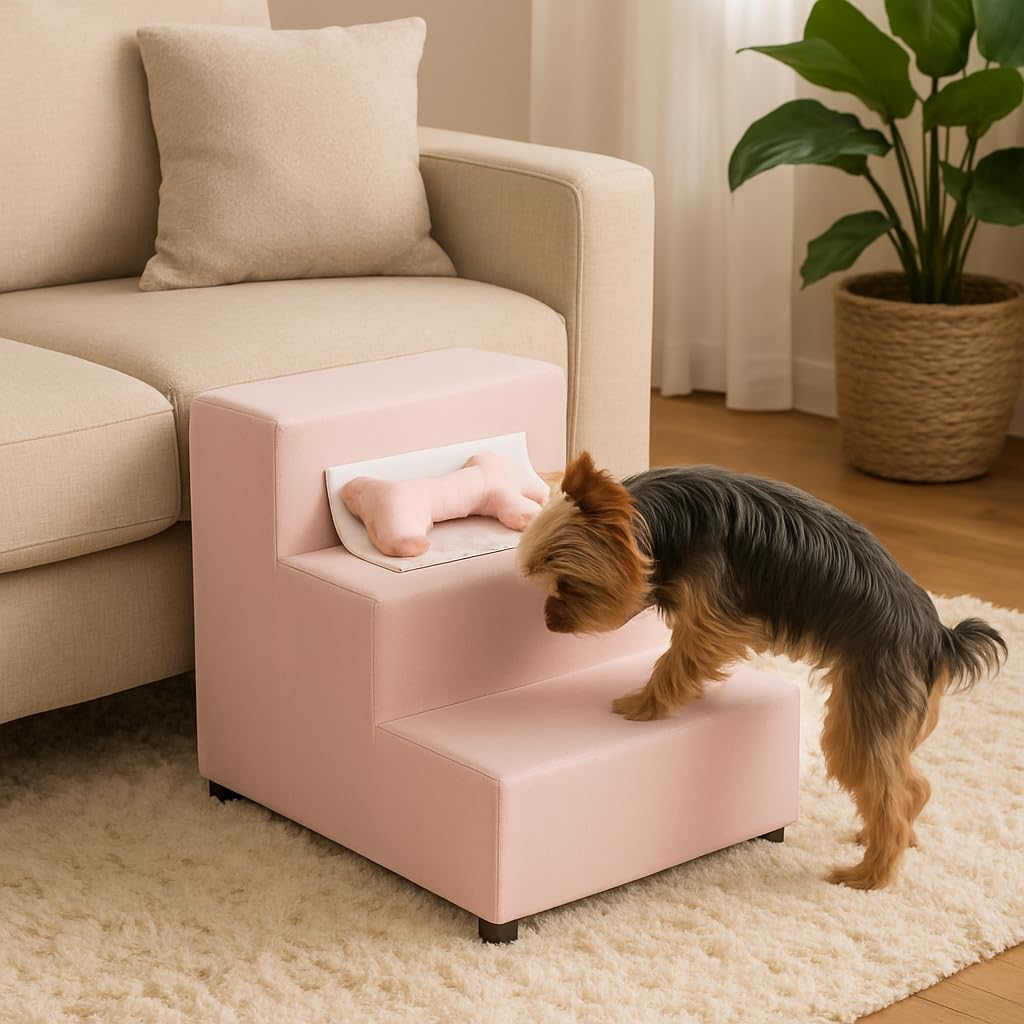 Escada Escadinha para Pet 3 Degraus Luxo Gato e Cachorro madeira Suporta ate 30Kg BRINDE OSSO Ideal para Sofá e Cama Espumada Resistente Luxo Rosa
