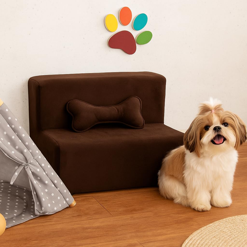 Escadinha Rampa Pet 2 Degraus para Cachorro Pequeno e Gato, Suporte ate 30Kg BRINDE OSSO PET para Sofá e Cama, Espumada, Acesso Fácil para Pet Idoso ou Filhote Resistente Luxo (Marrom)