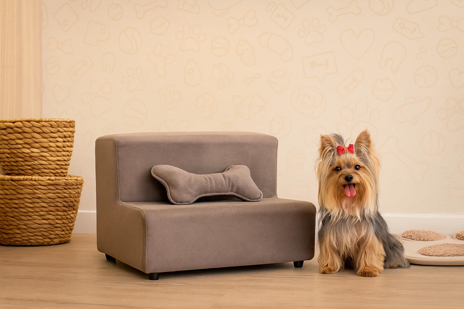 Escadinha Rampa Pet 2 Degraus para Cachorro Pequeno e Gato, Suporte ate 30Kg BRINDE OSSO PET para Sofá e Cama, Espumada, Acesso Fácil para Pet Idoso ou Filhote Resistente Luxo (Cinza)