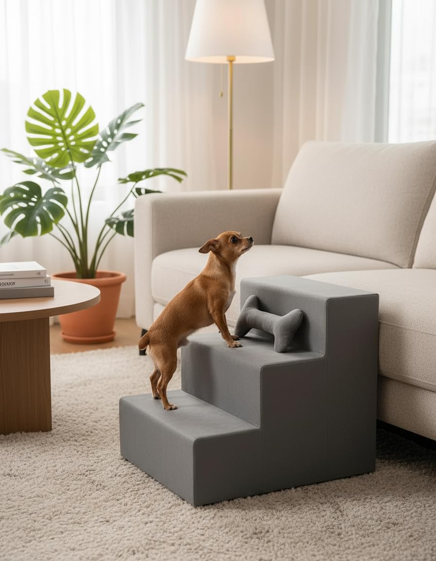 Acesso Escadinha Pet 3 Degraus Premium Madeira para Cães e Gatos Rampa de Subida para Cama e Sofá suporta 30Kg brinde Osso Pet - Cinza - JRC PET