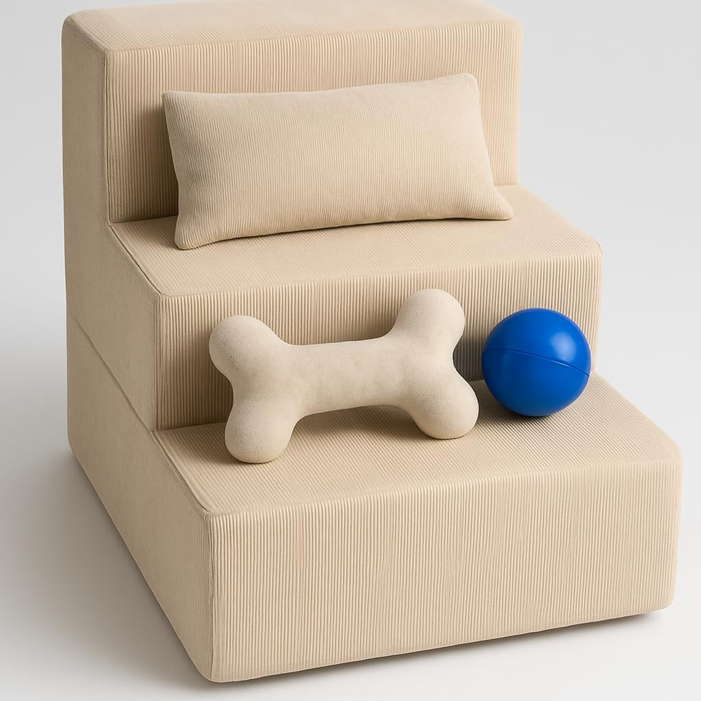 Escadinha Pet 3 Degraus Premium em Madeira para Cachorros e Gatos até 30kg – Escada para Sofá e Cama + Almofada Osso e Bolinha Brinde - JRC PET