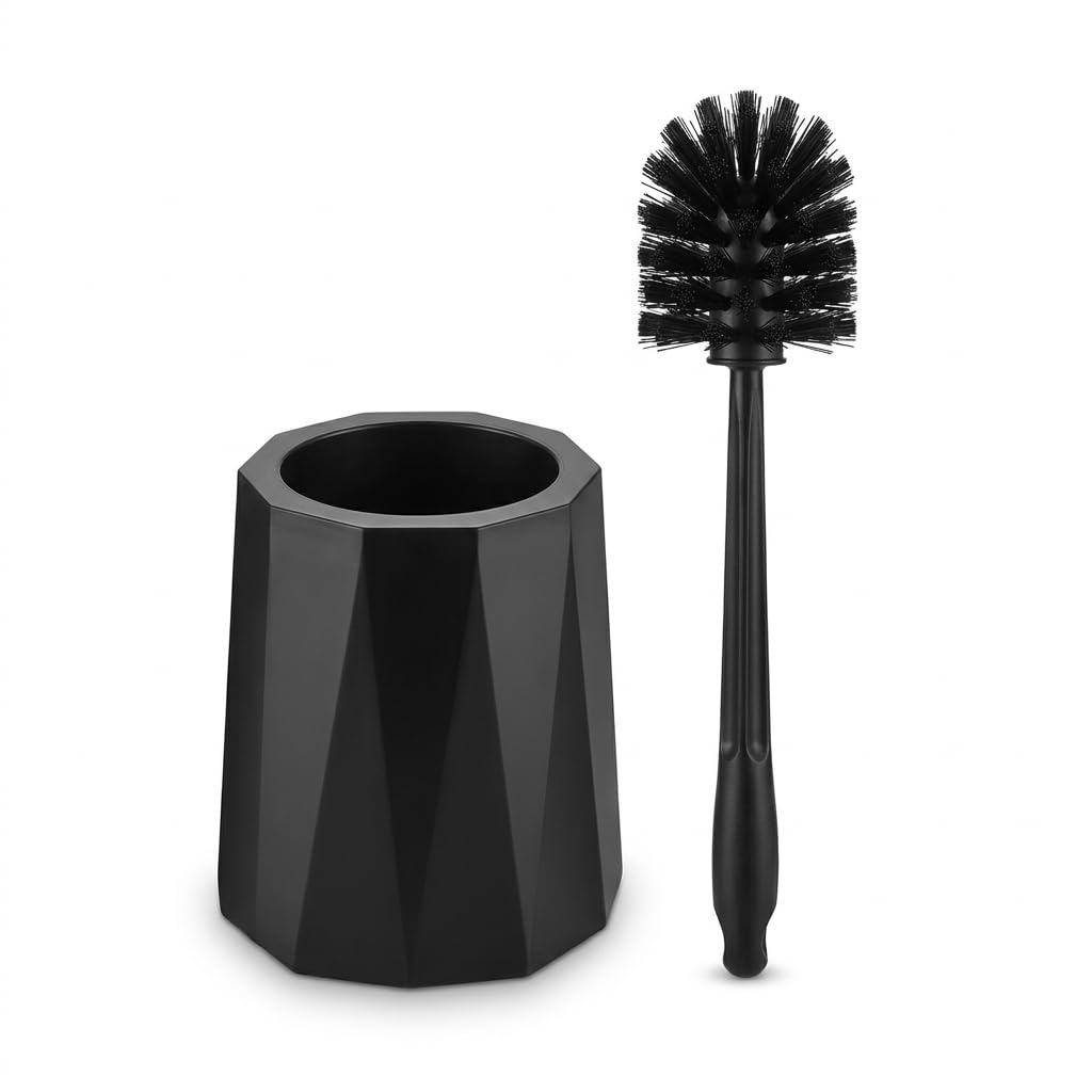 Escova Sanitária com Suporte Redondo Preto 33,5x13cm – Escova para Vaso Sanitário com Base Higiênica, Design Discreto, Resistente e Fácil de Limpar