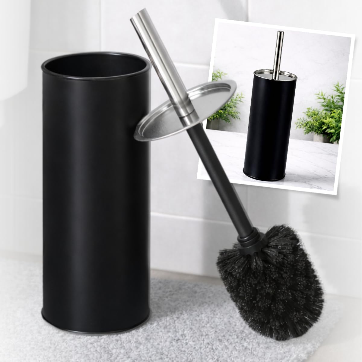 Escova Sanitária Preta com Suporte, Cabo em Aço Inox, Cerdas Densas Antirrespingo, 25,5cm 1 unidade