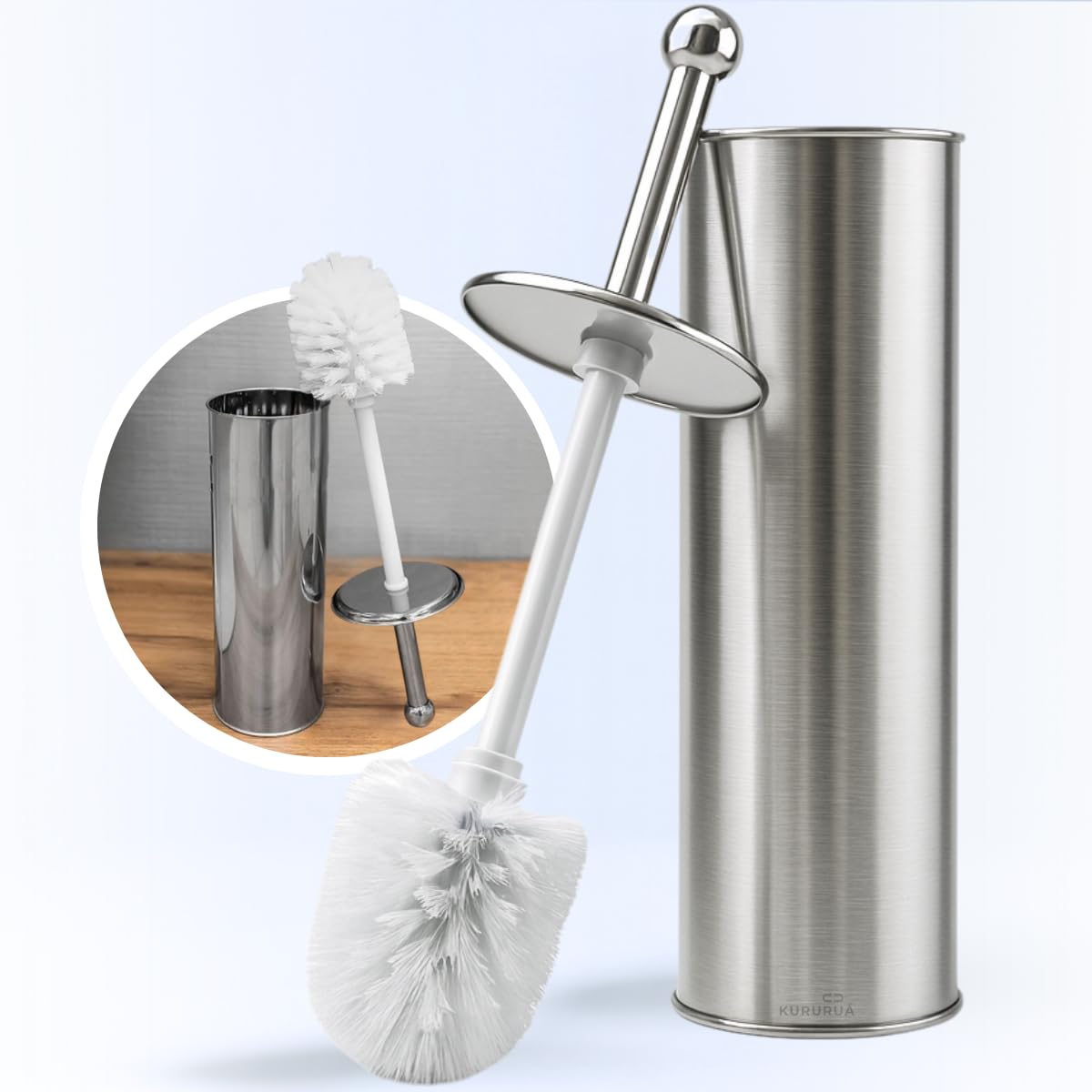 Escova Sanitária de Luxo para Vaso Sanitário, Prata, Aço Inoxidável, com Suporte, 35 cm, 1 Unidade