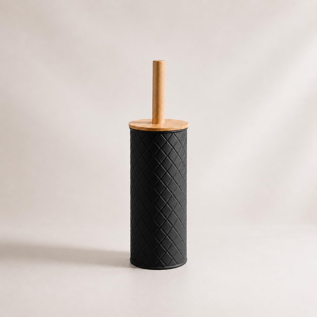 Escova Sanitária Premium com Suporte Decorativo, Cabo e Tampa Bambu, Design Moderno para Banheiro/Preta Losango