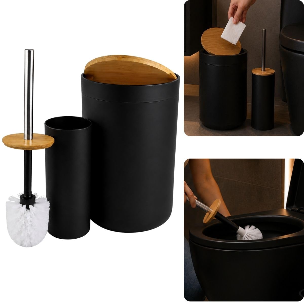Kit Lixeira Banheiro 6,3L Escova Sanitária Branca Tampa Bambu Conjunto Vaso | Sanitário Acessórios Banheiro Moderno Porta Escova Higiênico Compacto Lavabo (Preto)