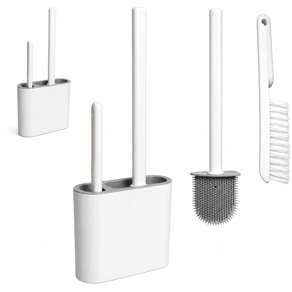 Kit Escova Sanitária 3 Peças com Suporte Silicone Branco | Inclui Escovinha de Canto, Cabeça de Silicone, Suporte Duplo, Design Moderno, Fácil Limpeza